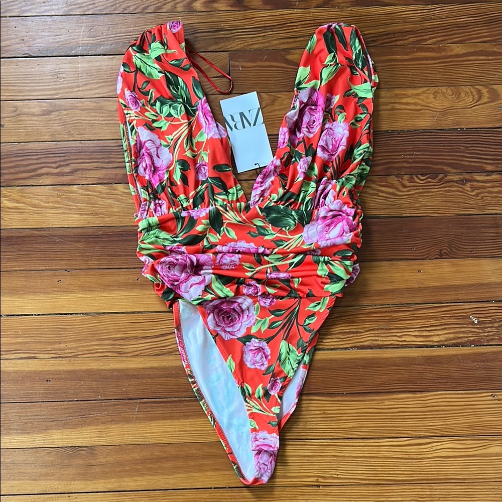 NWT Zara red and pink floral body suit or swimsuit Medium